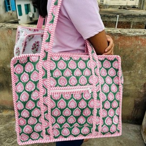 Handmade Boho Eco Friendly Sustainable Sturdy Grocery Shopping <b>Bag</b> <b>Quilted</b> Cotton Hand Printed Reversible Floral <b>Tote</b> <b>Bag</b> - Product Image 4
