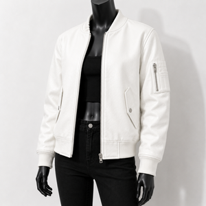 Blouson de moto blanc pour femme en cuir véritable imperméable réversible écologique col montant manches longues poche plaquée fermeture éclair - Product Image 4