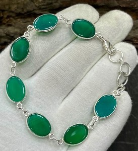 Bracelet en onyx vert naturel, plaqué argent 925, fait main, avec cabochon ovale, bijoux pour femmes - Product Image 3