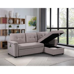 Divano Sezionale Reversibile Ashlyn 84 Pollici Grigio Chiaro con Chaise Longue Contenitore, Porte USB e Tasche - Divano Letto con Ricarica USB - Product Image 4