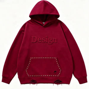 Custom Mens Oversized <b>Burgundy</b> <b>Hoodie</b> Embossed Logo Studded Kangaroo Pocket Distressed Streetwear Pullover OEM Manufacturer - Product Image 4