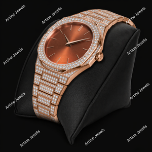 Rose Gold Crystal Set <b>Watch</b> With Copper Sunburst Dial Minimal Markers Sparkling Bezel Elegant Luxury Fashion Timepiece For Men - Product Image 3