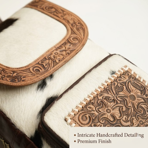 Western Style Full Grain Leather Backpack Handmade Hair On Hide Cowhide Floral Tooled Design Rustic Cowgirl Shoulder Bag travel - Product Image 5