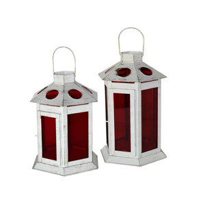 Farol Colgante Hexagonal de Metal Blanco Desgastado Mediano con Ventilación Ovalada, Techo Inclinado, Vidrio Teñido Rojo y Asa de Alambre para Mesa - Product Image 5