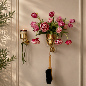 Ornamental Gold Metal <b>Wall</b> <b>Vase</b> with Curved Holder Frame for Stylish Floral Arrangements and Interior Accent Styling - Product Image 1