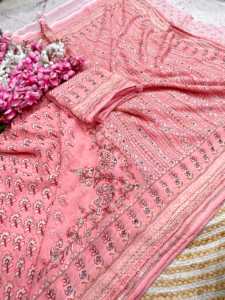 Sari de georgette con hermosos estampados de diseño, con trabajo Khatli y trabajo de espejo original, con blusa de georgette. - Product Image 3