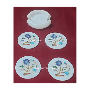 Most Beautiful High Quality <b>White</b> Marble Florals Inlay Design Work Coaster Set Use For Keep On Glass And Use For Home Kitchen - Product Image 2