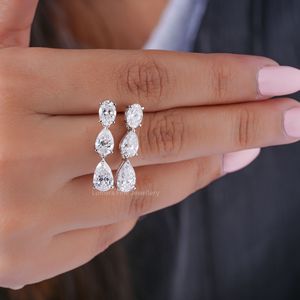 Oval Pear Cut Lab Grown Diamond Triple Drop <b>Earrings</b> Multi Stone Linear Dangle <b>Fine</b> 10k Gold Plated Minimalist Jewelry - Product Image 2