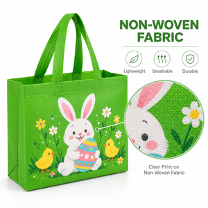 Sacs fourre-tout réutilisables en tissu non tissé écologique, imprimé lapin de Pâques vert lime, œufs colorés et poussins sur prairie, avec logo personnalisé - Product Image 2