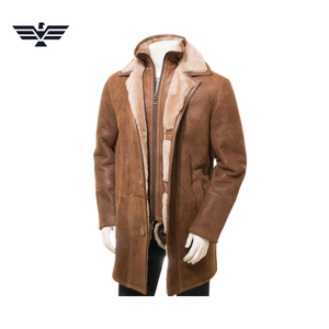Veste longue en cuir véritable pour homme, doublure en fausse fourrure, col montant, respirante, fermeture éclair, coupe-vent, style moto urbain pour l'hiver - Product Image 1