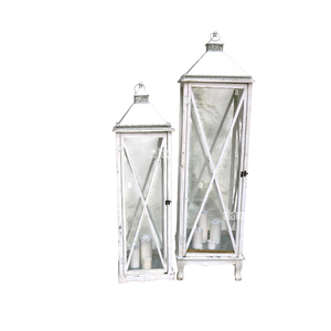 Set Of 2 Extra <b>Large</b> White Washed Wooden <b>Lanterns</b> Farmhouse Style Hurricane Candle Holders For Indoor Outdoor Home Garden Decor - Product Image 1