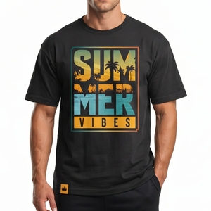 เสื้อยืดพิมพ์ลายกราฟิกวินเทจสำหรับผู้ชาย OEM สไตล์ฤดูร้อน ลายพระอาทิตย์ตกดินริมชายหาด สีดำ ผ้าฝ้าย แขนสั้น ใส่ได้ทั้งชายและหญิง - Product Image 1