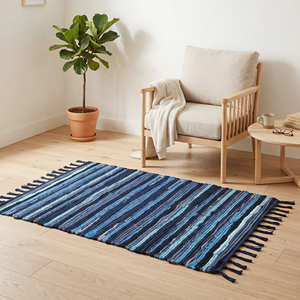 3' x 5' Blue Handwoven Recycled Cotton Chindi Area Rug for Bedroom Coastal Scandinavian & Contemporary Home - Product Image 1