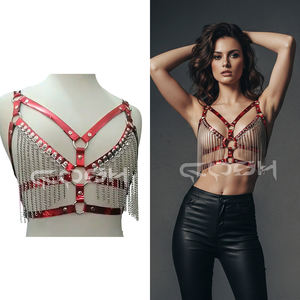 Arnés de cuerpo metálico rojo con flecos de cadena plateada, proveedor y fabricante - Product Image 6