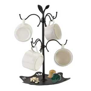 Metal <b>Tree</b> Shape <b>Mug</b> Rack With 4 Hooks And Base Tray For Kitchen Storage Rustic Style Standing Type - Product Image 1