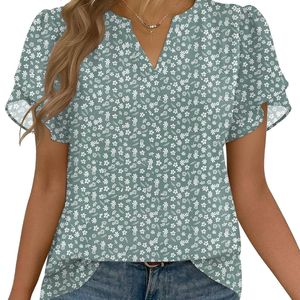Chemisiers tendance vert sauge à imprimé floral, fluides, à manches courtes, doux, respirants, style bohème, hauts pour femmes, chemisiers en mousseline de soie pour femmes - Product Image 3