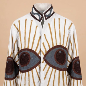 Chaqueta de Terciopelo Bordada para Mujer, Manga Larga, Frente Abierto, Patrón Suzani, Motivo de Ojo, Estilo Festivo - Product Image 1