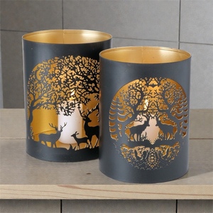 Black Steel Cylinder <b>Candle</b> <b>Lanterns</b> With Golden Deer And Tree Die Cut Design For Christmas Home Decoration - Product Image 3