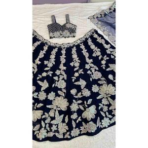 DISEÑADOR SECUENCIA DE SECUENCIA BORDADA TRABAJO LEHENGA CHOLI CON DUPATTA AZUL MARINO Punjabi - Product Image 4