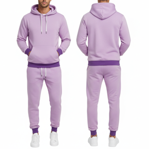Ensemble de survêtement pour homme violet, très tendance, 2 pièces |    Sweat-shirt et pantalon |   Vêtements de sport streetwear avec bordure côtelée violet foncé contrastant - Product Image 3