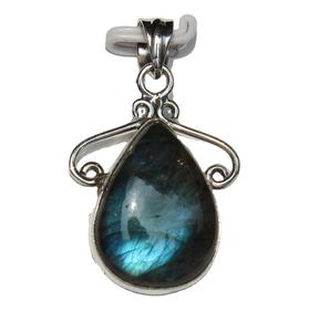 Pendentif en labradorite en argent sterling 925 fait à la main, pierre précieuse naturelle non traitée, cabochon en forme de goutte, style bohème, plaqué rhodium/antique - Product Image 1