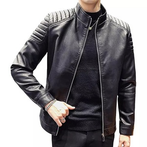 Men's <b>Black</b> PU Leather Moto <b>Jacket</b> Stand Collar Zipper Closure Slim Fit Regular Length Solid Color Autumn Wear - Product Image 6