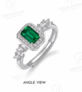 Elegant halo <b>ring</b> in 18K white gold with emerald cut green diamond micro pave halo and side diamonds luxury bridal couture desig - Product Image 5