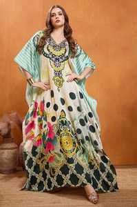 High Quality Designer Turkish Style <b>Kaftan</b> Women Polyester Handmade Batwing Sleeves V Neck Regular Fit Flared Hem Midi - Product Image 4