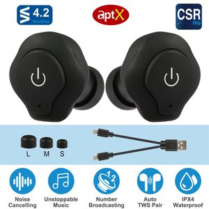 Auriculares Intrauditivos Estéreo Inalámbricos Verdaderos CSR V4.2, Resistentes al Agua IP44, Apt-X TWS con Cancelación de Ruido y Micrófono para Uso Profesional - Product Image 1