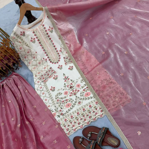 Conjunto de Fiesta de Diseñador GMY: Top de Seda con Bordado y Lentejuelas, Pantalón Plazzo y Dupatta, Traje Étnico Completamente Cosido para Mujer, Tallas M, L, XL, XXL - Product Image 1