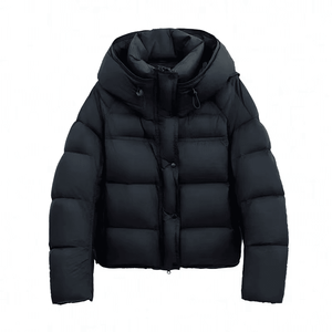 Men's Black Hooded Down Puffer <b>Jacket</b> Casual Winter Thick Zipper Closure <b>Short</b> <b>Sleeve</b> Slim Fit Windproof Solid Color - Product Image 1