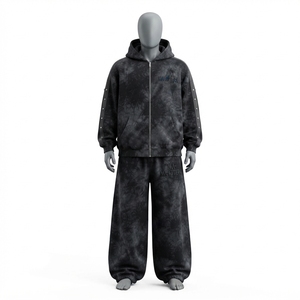 Ensemble survêtement streetwear pour homme, gris anthracite tie-dye, avec sweat à capuche zippé et pantalon large, panneau de manches clouté, personnalisable OEM ODM - Product Image 3