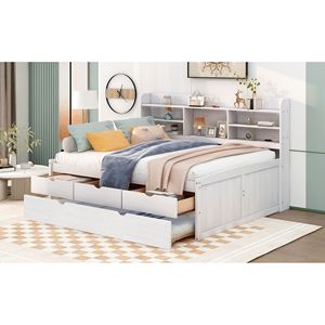 Cama capitán de madera tamaño matrimonial en acabado blanco con estanterías integradas y cama nido con tres cajones de almacenamiento - Product Image 3