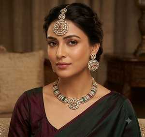 Luxury <b>Ruby</b> Emerald American Diamond Choker <b>Necklace</b> Set with Earrings and Maang Tikka Gold Plated Bridal Wedding Jewelry Set - Product Image 1