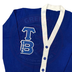 Fraternity sorority Blue acrylic Knitted <b>Cardigan</b> <b>Sweater</b> Greek letter TB Logo White Trim Full Sleeve Embroidery collage wear - Product Image 5