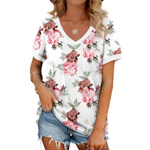 T-shirt décontracté d'été pour femme, col en V, imprimé graphique, en coton doux, respirant, écologique, à manches courtes, exporté du Bangladesh - Product Image 5