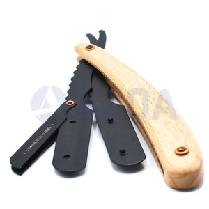 Rasoir droit pliant en acier inoxydable avec manche en bois, support de lame noir pour un rasage et une toilettage professionnels - Product Image 5