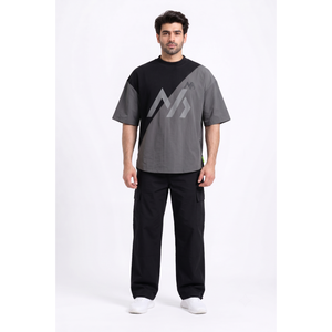 Camiseta Asimétrica Personalizada OEM para Hombre, Estilo Urbano, 450GSM, Algodón Pesado con Paneles de Nailon, Corte Holgado, Tallas 3XL y 2XL - Product Image 1