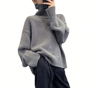 Pull à col roulé gris pour femme, manches chauve-souris, tricot épais, décontracté, hiver, couleur unie, 100% acrylique, manches longues - Product Image 1
