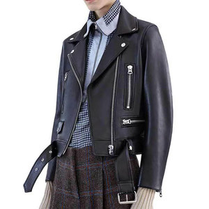 Blouson moto en cuir PU pour femme, manches longues, col ouvert, fermeture éclair, design court avec ceinture, style automne - Product Image 2