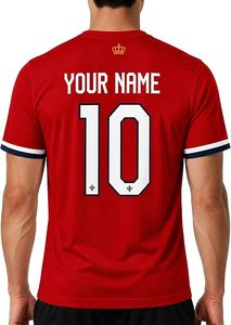 Maillot de football Norvège personnalisé avec nom et numéro, impression par sublimation, unisexe, manches courtes, design drapeau rouge, bleu et blanc, col rond, coupe classique - Product Image 3