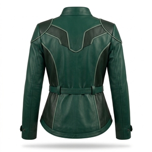 Darkry <b>Women</b> Belted Forest Emerald Green Genuine Leather <b>Jacket</b> Stand Collar Concealed Zip Tactical Moto Biker Outerwear Coat - Product Image 2