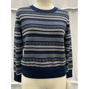 Pull en tricot texturé à rayures marine automne/hiver, style décontracté avec motif brodé, laine viscose respirante pour homme/femme - Product Image 1