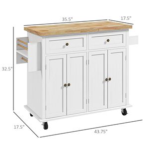 Carrello da Cucina Moderno Bianco con Piano in Robusto MDF di Quercia e Legno di Gomma, Porta Spezie/Asciugamani e Cassetti Contenitore per Sala da Pranzo - Product Image 3