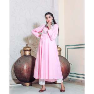 Conjunto de Kurta de Chifón de Algodón Rosa Francés para Mujer con Cuentas, Cuello en V, Manga Larga, Estilo Elegante, Largo hasta el Tobillo, para Primavera - Product Image 3