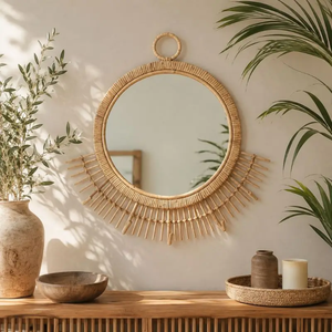 Miroir mural demi-lune en rotin élégant, fait main, décoratif, pour maison ou bureau de style bohème vintage rustique, en provenance du Vietnam - Product Image 2