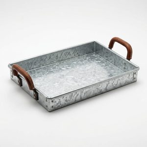 Plateau de service artisanal en fer galvanisé de 38 cm avec poignées en cuir brut, plateau décoratif style ferme avec poignée en cuir pour la décoration intérieure - Product Image 1