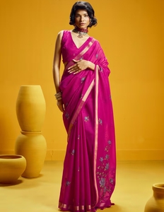 Sari en coton et soie rose KV, motif tissé traditionnel, sans plis, réversible, pour l'automne, avec chemisier non cousu - Product Image 1