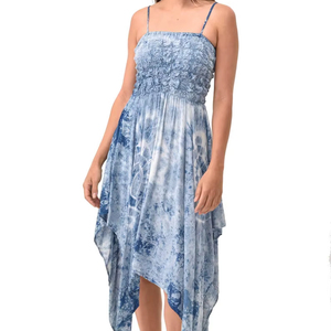 Vestido de verano con efecto fruncido, teñido anudado índigo, de rayón, estilo bohemio hippie y hada - Product Image 1