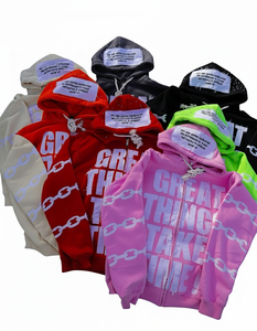 Sweat à capuche zippé streetwear épais avec patchwork vieilli personnalisé et imprimé graphique chaîne, polaire oversize pour homme - Product Image 6